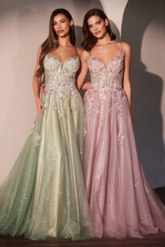 Sheer - panel wedding dresses with a touch of elegance​ Cinderella Divine CD740 A Line Glitter Long Formal Floral Prom Dress