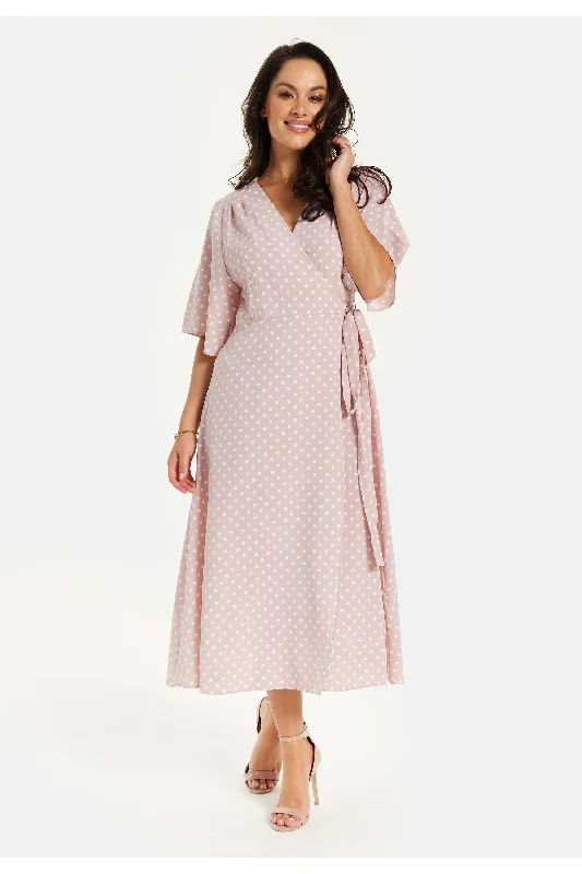 Denim - Patchwork Casual Dresses for a Unique Design​ Polka Dot Midi Wrap Dress In Light Pink by Liquorish