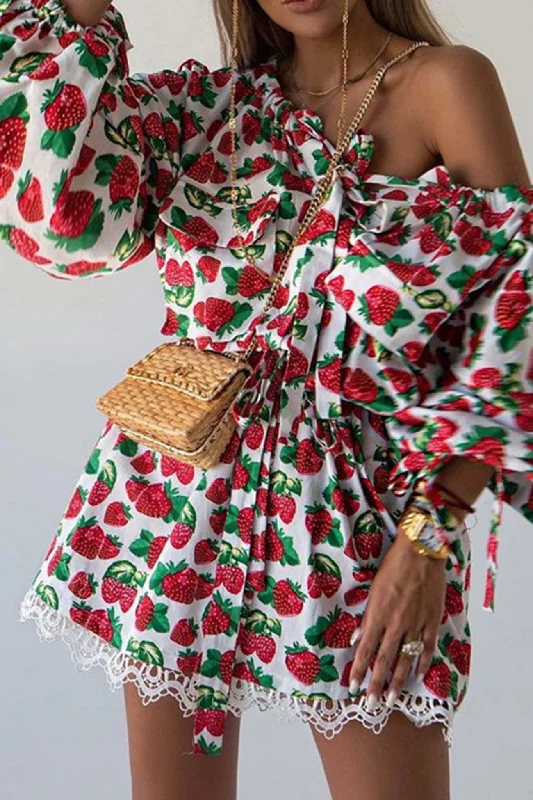 Mini dresses with pocket details for added functionality Strawberry Print Drop Shoulder Waisted Dress
