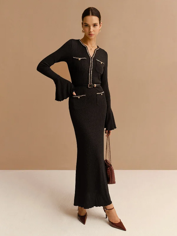 Beaded Casual Dresses for a Decorative Touch​ Elegant Contrast Binding Ruffle Slim Dress Without Belt