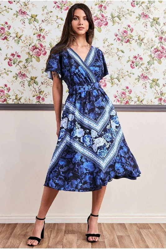 Modal Casual Dresses in Smooth Textures​ Goddiva Flutter Sleeve Wrap Style Midi Dress - Navy