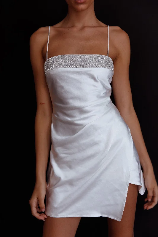 Polyester mini dresses for easy care Making Headlines Diamante Neckline Mini Dress White