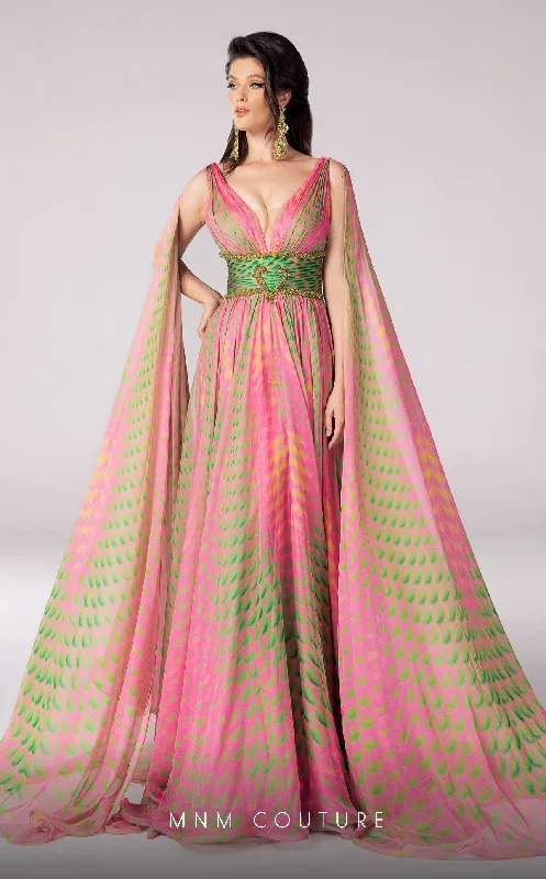 Lace - covered wedding dresses with a scalloped hem MNM Couture F02828 Long Formal A Line Cape Sleeve Printed Evening Dress Lace - covered wedding dresses with a scalloped hem MNM Couture F02828 Long Formal A Line Cape Sleeve Printed Evening Dress