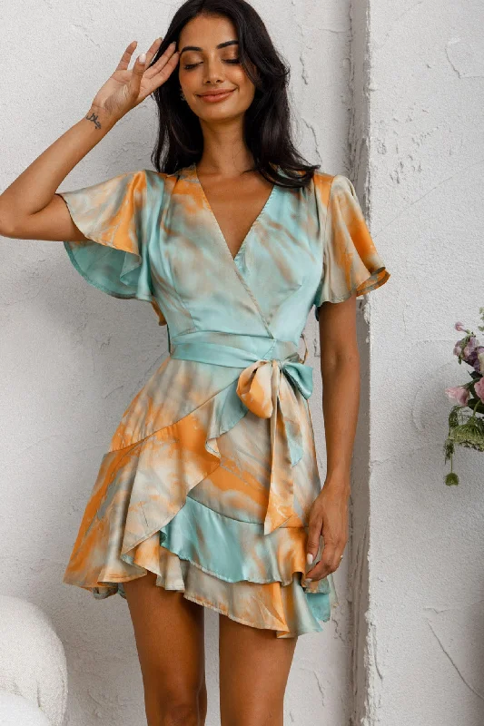 Velvet mini dresses for autumn weddings Cami Angel Sleeve Faux Wrap Dress Tie-Dye Print Aqua/Orange