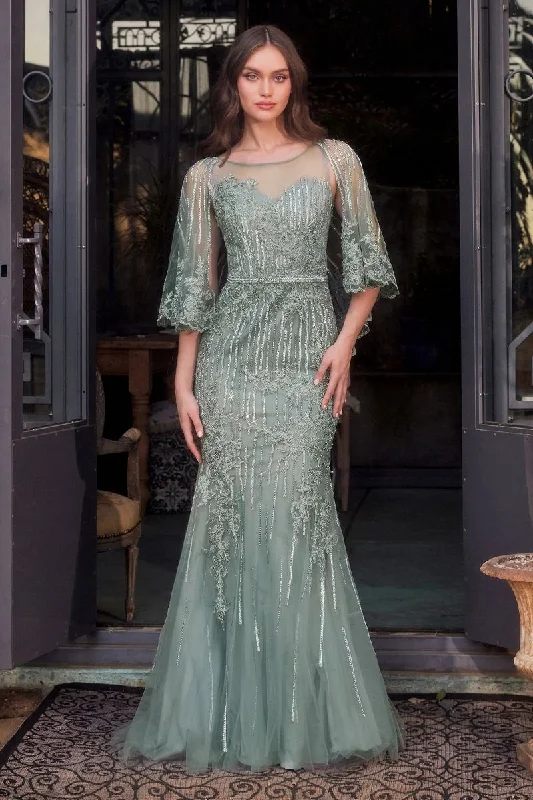 Cathedral train wedding dresses for a grand entrance​ Andrea & Leo MA105 Long Formal Fitted Lace Capelet Evening Dress