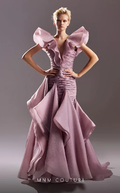 Mermaid silhouette wedding dresses with lace appliques​ MNM Couture G1504 Fitted Ruched Long Ruffle Formal Evening Dress