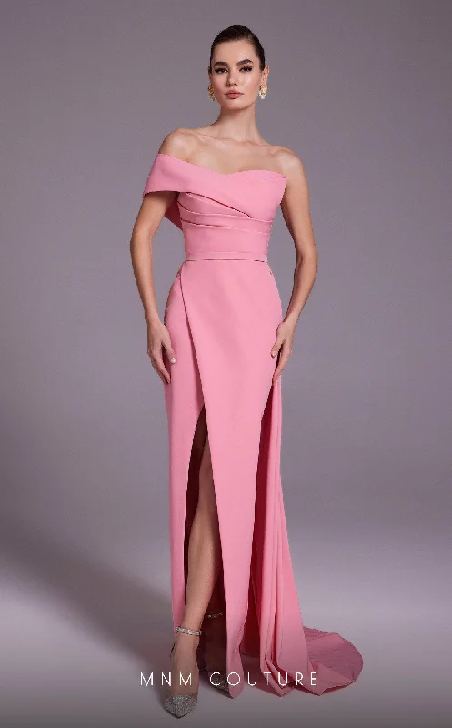 Wedding dresses with a detachable skirt for versatility​ MNM Couture N0535 Formal  Long Pleated Slit Evening Prom Dress