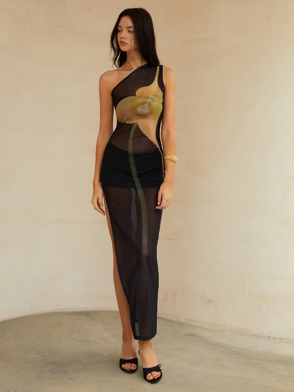 Celebrity - Inspired Casual Dresses for a Fashionable Look​ Sheer One Shoulder Split Midi Dress