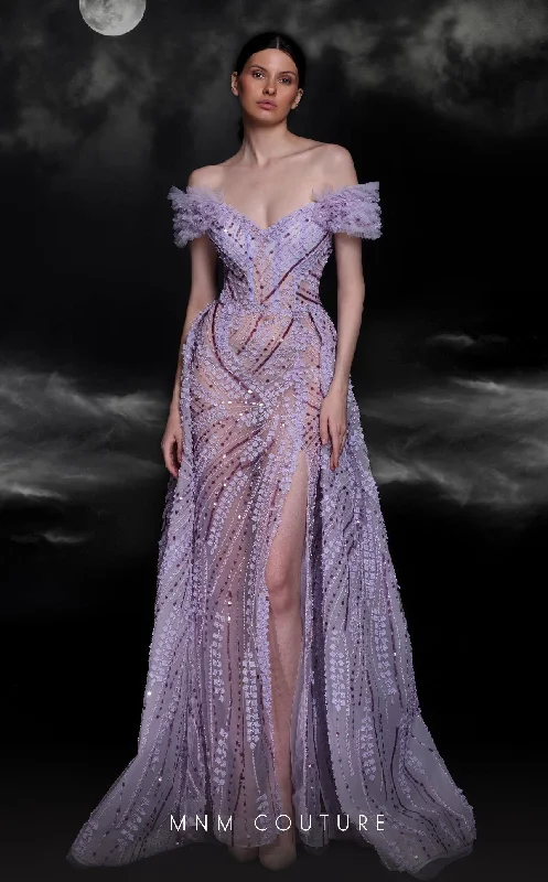 Square - neck wedding dresses with a demure look​ MNM Couture K4120 Beaded A Line Long Ruffle Slit Formal Evening Dress