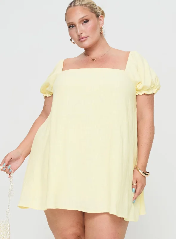 Mini dresses with fringe for a bohemian style Beyond Linen Blend Mini Dress Yellow Curve