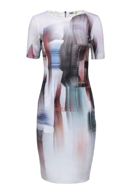 Printed Abstract Women Dress for a Modern and Artistic Appeal Printed Abstract Women Dress for a Modern and Artistic Appeal Elie Tahari - Multicolor Mesh & Digital Print Neoprene Dress Sz 2