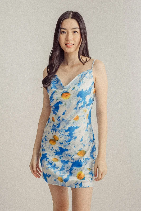 Wrap - Style Women Dress with Adjustable Fit for All Body Types Wrap - Style Women Dress with Adjustable Fit for All Body Types Huna Blue White Floral All Over Print Cowl Neck Sleeveless Mini Dress