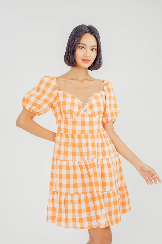 Long - Sleeve Women Dress in Velvet for a Luxurious Winter Look Long - Sleeve Women Dress in Velvet for a Luxurious Winter Look Lauv Orange GIngham Check Print Sweetheart Neckline Short Sleeves Tiered Mini Dress