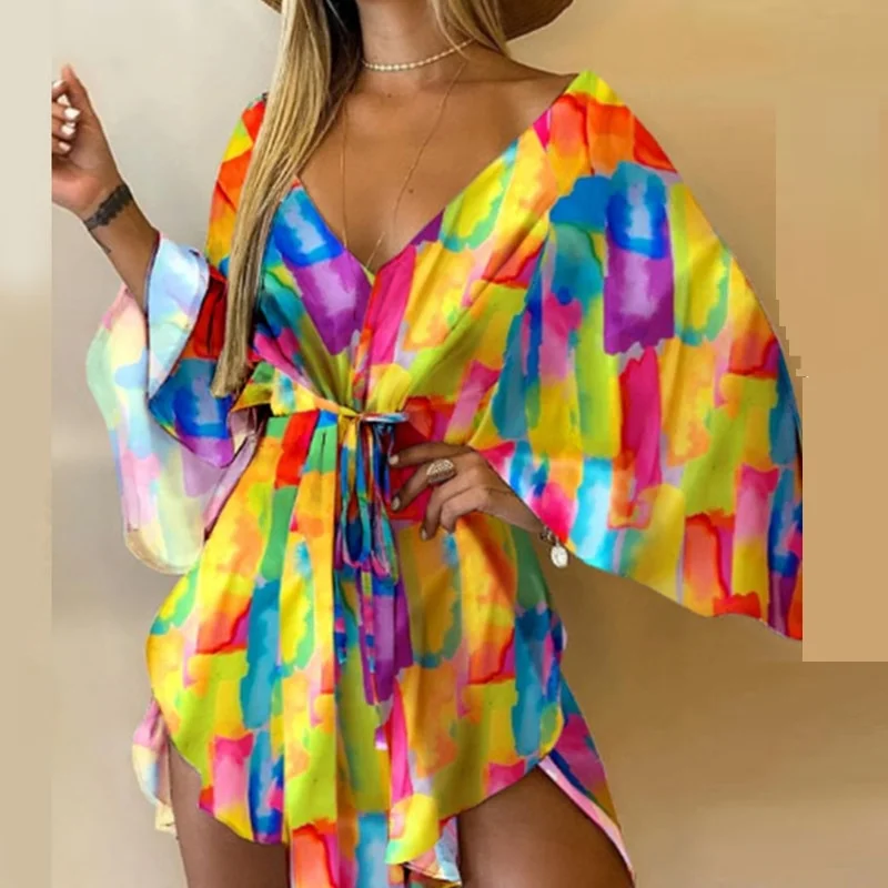 Plus Size Women Dress with a Flattering A - Line Cut for Comfort and Style Plus Size Women Dress with a Flattering A - Line Cut for Comfort and Style sixsr Summer Outfits Casual Leaf Leopard Print Harajuku Batwing Sleeve Dress Lady Elegant Lace-Up Irregular Party Dress Sexy V-Neck Women Mini Dress
