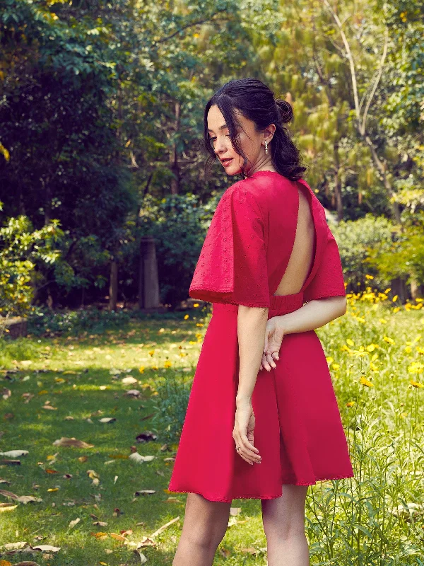 Strapless Women Dress with a Built - in Bra for Comfort and Support Strapless Women Dress with a Built - in Bra for Comfort and Support Women Red Schiffli Flared Sleeves Short Dress