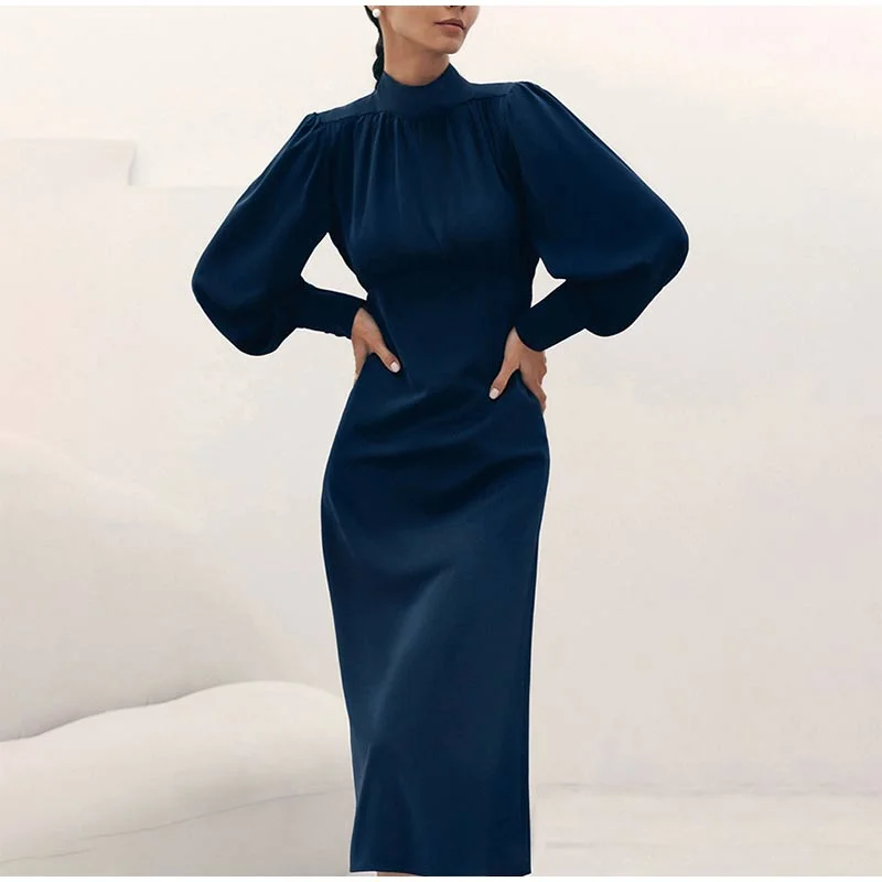 Alana Solid Turtleneck Lantern Sleeve Maxi Dress