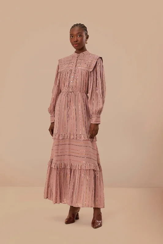 Light Pink Pleated Yoke Tiered Maxi Dress