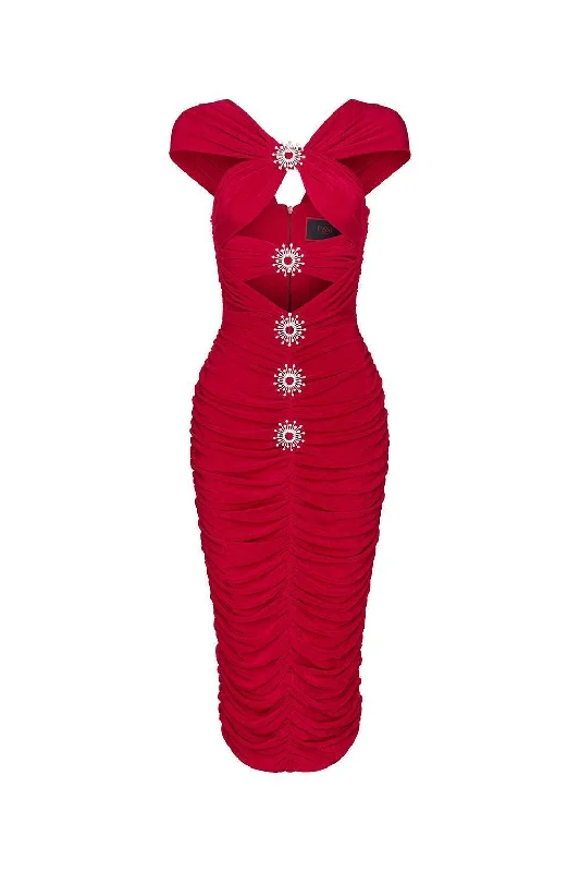 Estrella Bodycon Gathered Spandex Midi Dress