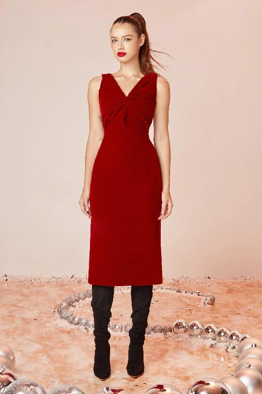 Scarlet Sheath V-Neck Velvet Midi Dress