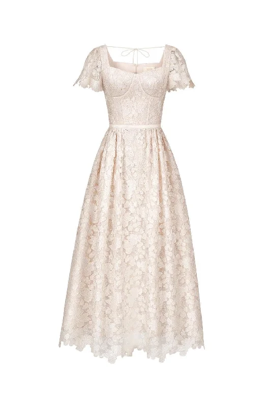 Serena A-line Short Sleeved Lace Midi Dress