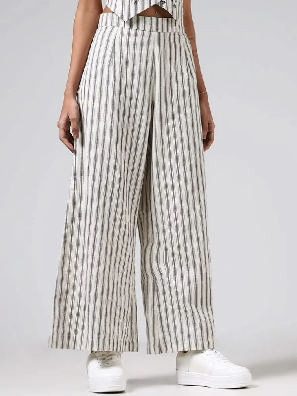 Women's summer - weight linen pants High - waisted women jeans for a flattering silhouette Bombay Paisley Off White Striped Wide-Leg Blended Linen Pants