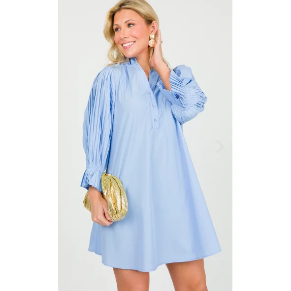 THML Poplin Pleated Sleeve Mini Dress, LIGHT BLUE