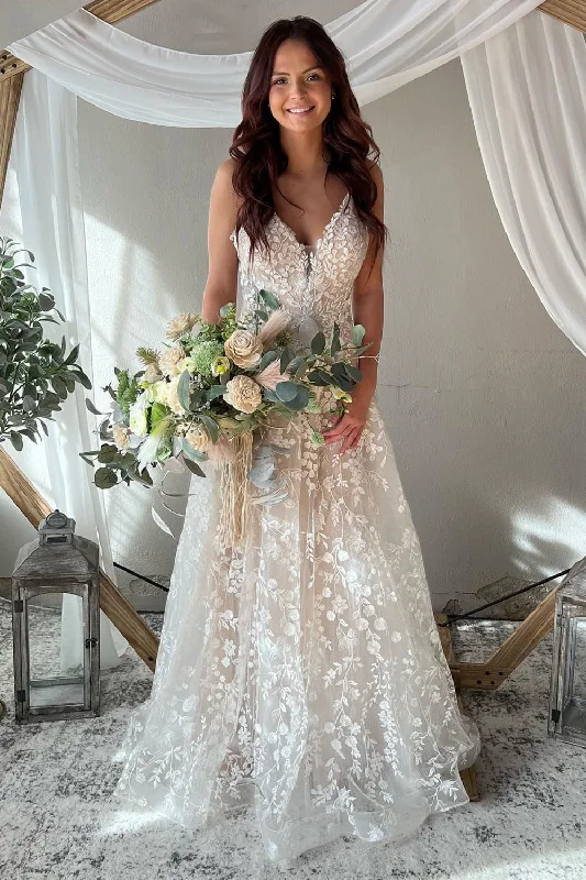 A-Line Ivory Spaghetti Straps Long Boho Wedding Dress with Appliques