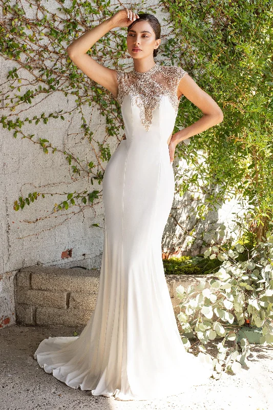 Cinderella Divine CD71457 Beaded Stretch Knit Sheath Long Wedding Dress