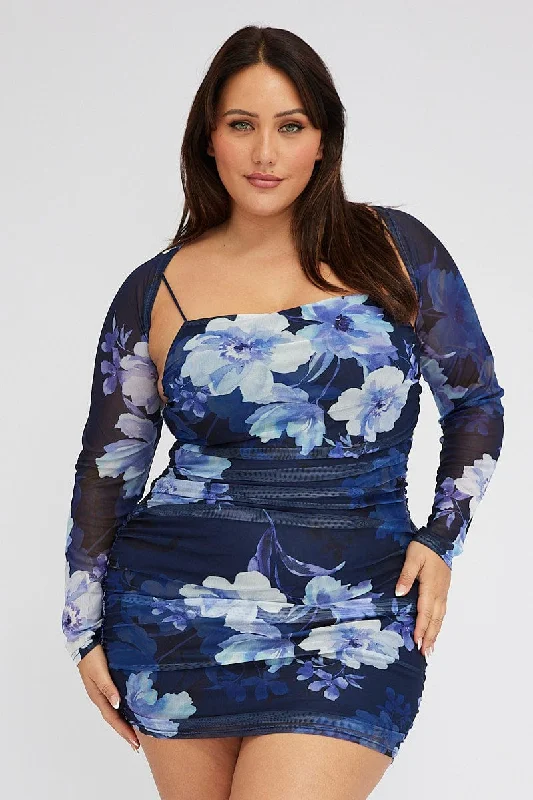 Blue Floral Mesh Bodycon Ruched Dress With Shrug