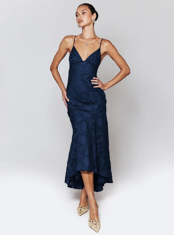 Wedding guest dresses with gathered skirts and V - necklines Cyrene Maxi Dress Navy