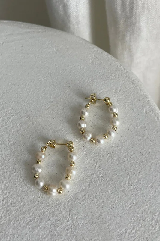 Geometric - printed wedding guest dresses for a modern wedding Dream Time Pearl Hoop Earrings Gold