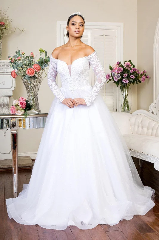 Long Sleeve Off Shoulder Mesh Wedding Gown