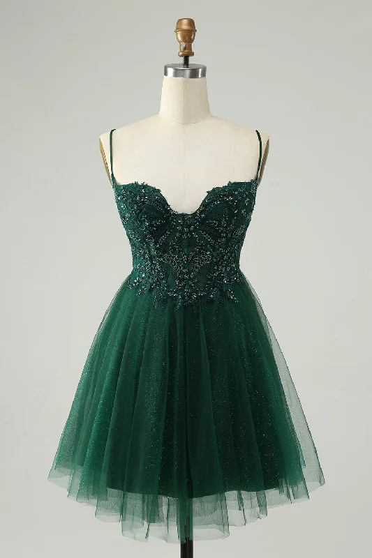 Glitter Dark Green A-Line Beaded Appliques Tulle Homecoming Dress