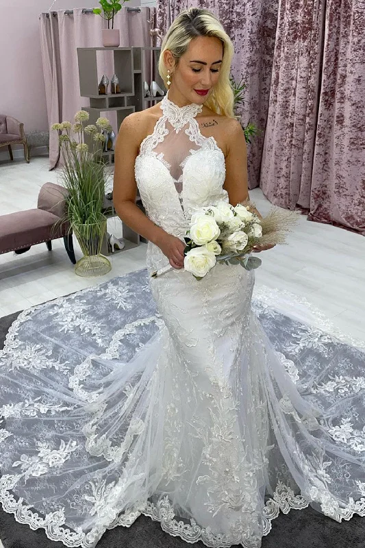 Ivory Halter Long Train Mermaid Wedding Dress with Appliques