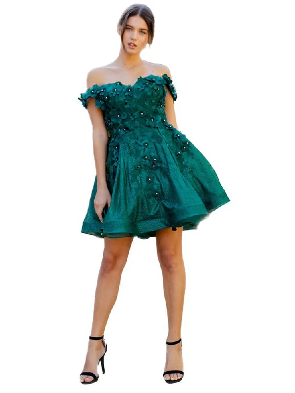 Hunter Green 3D Floral Applique Corset Off Shoulder Short Dress for Women, Sizes XS-3XL