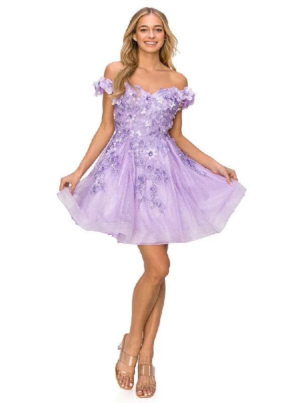 Lilac 3D Floral Applique Corset Off Shoulder Short Dress for Women, Sizes XS-3XL