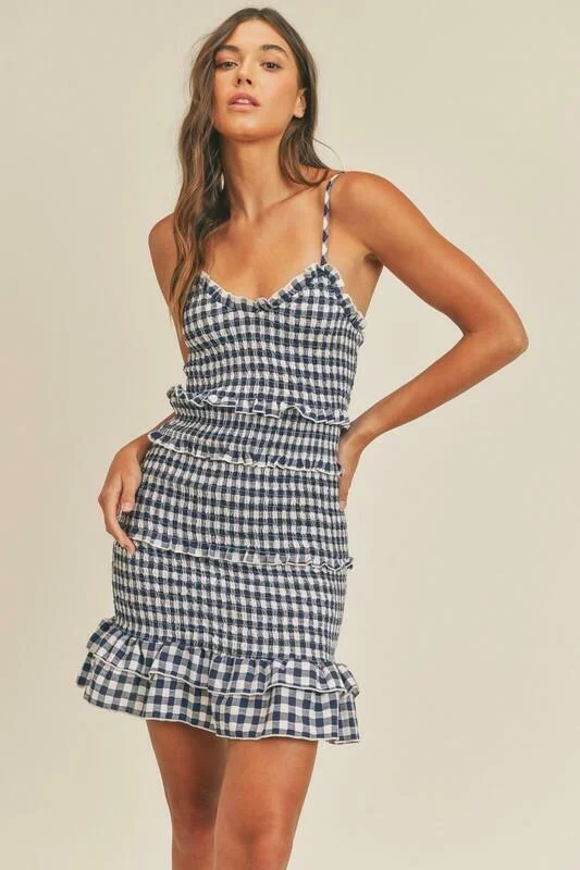 Lily Navy Blue Gingham Smocked Ruffle Mini Dress