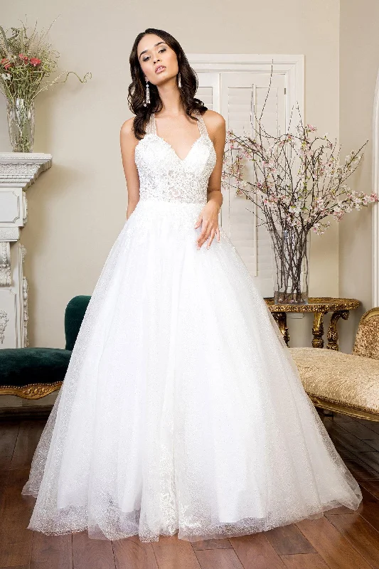 Long Halter Embroidered Glitter Mesh Wedding Gown