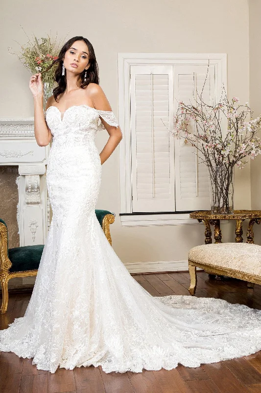 Long Off Shoulder Embroidered Mesh Wedding Gown