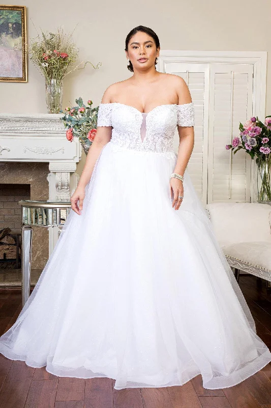 Long Off Shoulder Glitter Mesh Wedding Gown