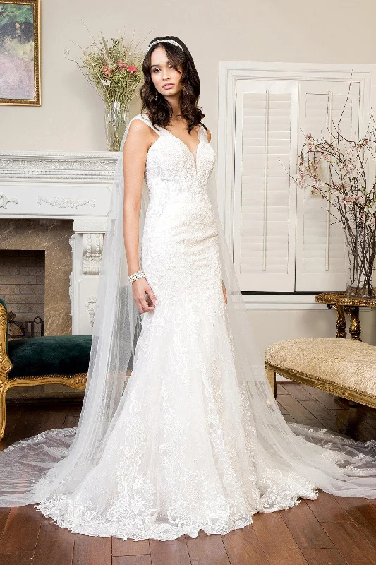 Long Sleeveless V Neck Mermaid Mesh Wedding Gown