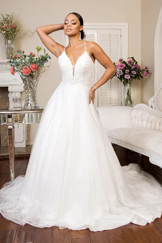 Long Spaghetti Strap Glitter Mesh Wedding Dress