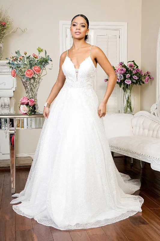 Long Spaghetti Strap Glitter Mesh Wedding Gown