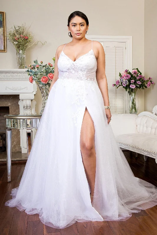 Long Spaghetti Strap Sheer Bodice Wedding Gown