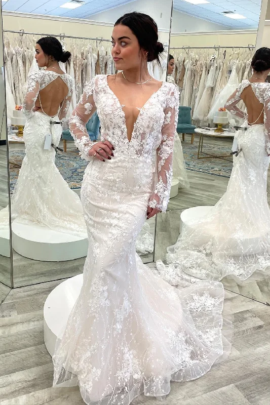 Mermaid Deep V-Neck White Long Wedding Dress with Sleeves