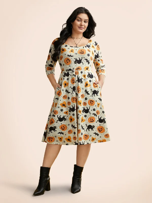 Pumpkin Spiced Elastic Waist Printed Midi Dress