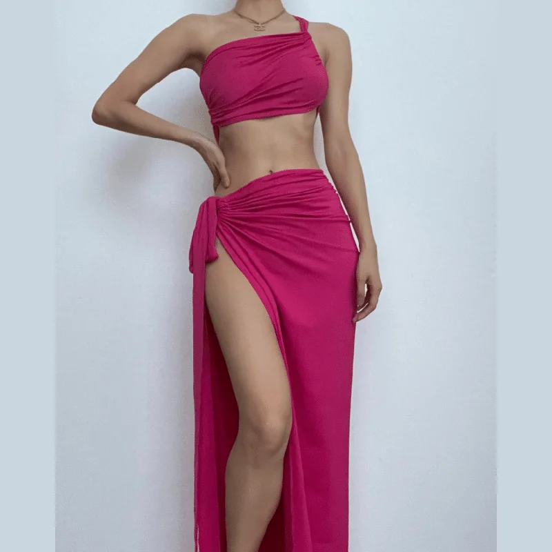 BerryBetty - Ruched solid one shoulder irregular self tie maxi skirt set