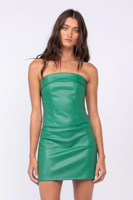 See You There Green Vegan Leather Strapless Mini Dress