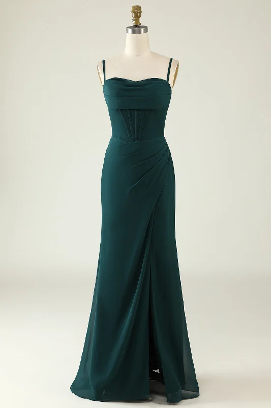 Sheath Spaghetti Straps Dark Green Long Wedding Guest Dress with Split Front