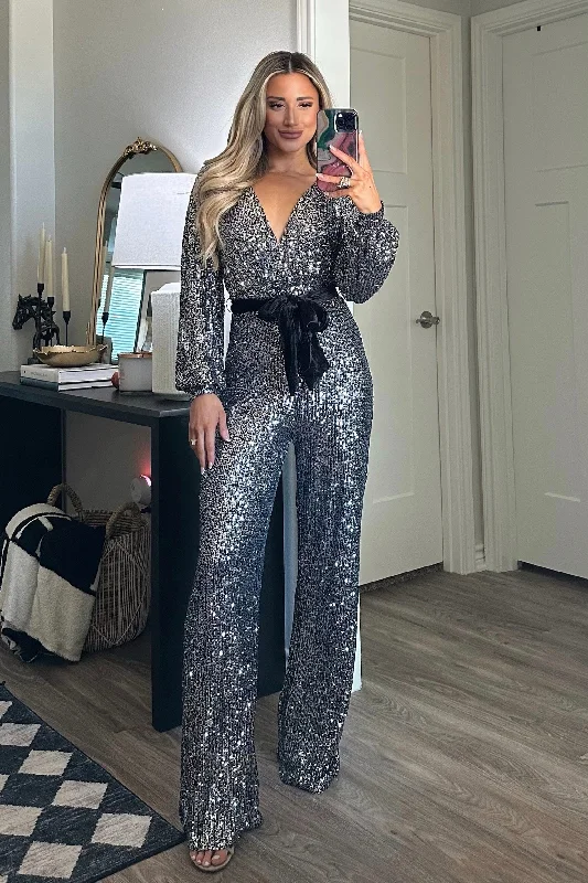 Walker Sequin Long Sleeve Jumpsuit: Gunmetal